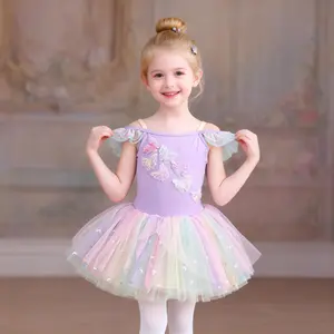 Girls Off Shoulder Ballet Dress with 3D Butterfly Appliques & Starry Rainbow Tulle Skirt - Toddler Dancewear