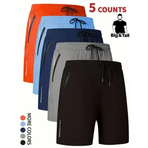 【Plus Size】 Letter Print Drawstring Waist Shorts, Casual Regular Fit Pocket Zipper Shorts for Summer, Athleisure Menswear, Lightweight Workout Activewear, Training Cycling Breathable Fitness Athletic Wear, Sports Shorts Set