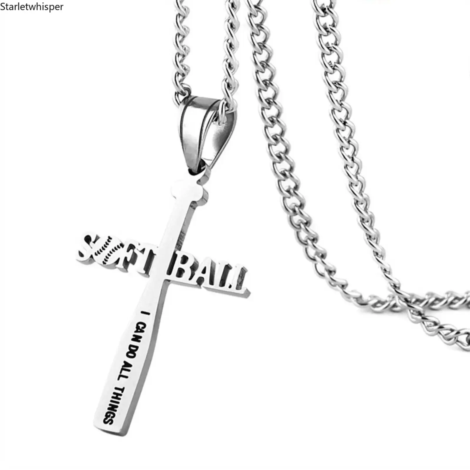 Stainless Steel Softball Bat-Cross Pendant Necklace, Metal Coating Cuban Cross Charm Jewelry, Elegant Casual Minimalist Sports Accessory, Birthday Gift for Female Sports Enthusiasts