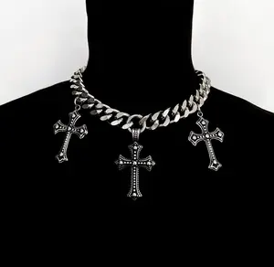 Tri-Cross Chunky Cuban Chain – Stainless Steel Gothic Cross Necklace, Silver Statement Choker, Y2K Punk Streetwear Jewelry for Men & Women