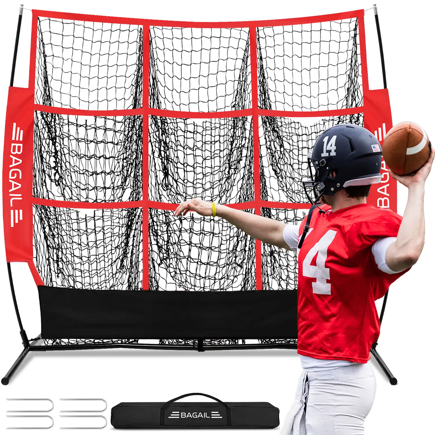 【SummerSale】BAGAIL Football Throwing Net -  9 Target Pockets, Easy Setup, Heavy-Duty - Portable QB Accuracy Trainer, Fun Target Practice Net for Football with Carry Bag