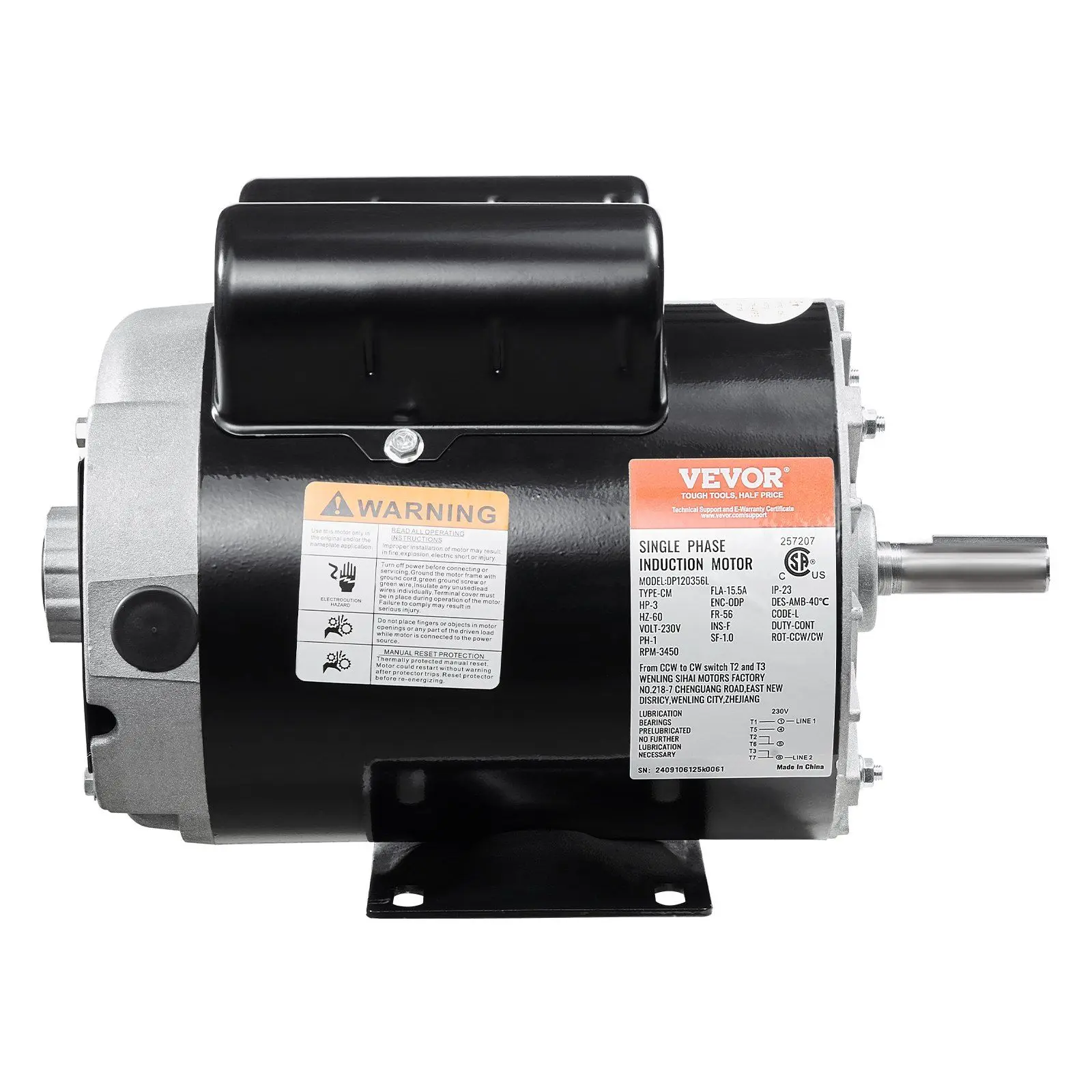 VEVOR 3HP Air Compressor Electric Motor 230V 15.5A 3450RPM 56 Frame CW/CCW Rotation