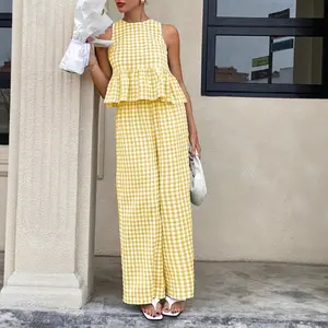 Ladies' 2-Piece Gingham Ensemble - Sleeveless Round Neck Fitted Ruffle Top & Wide Leg Pants, Chic Casual Summer Relaxed Wear for Women, Women’s Matching Set