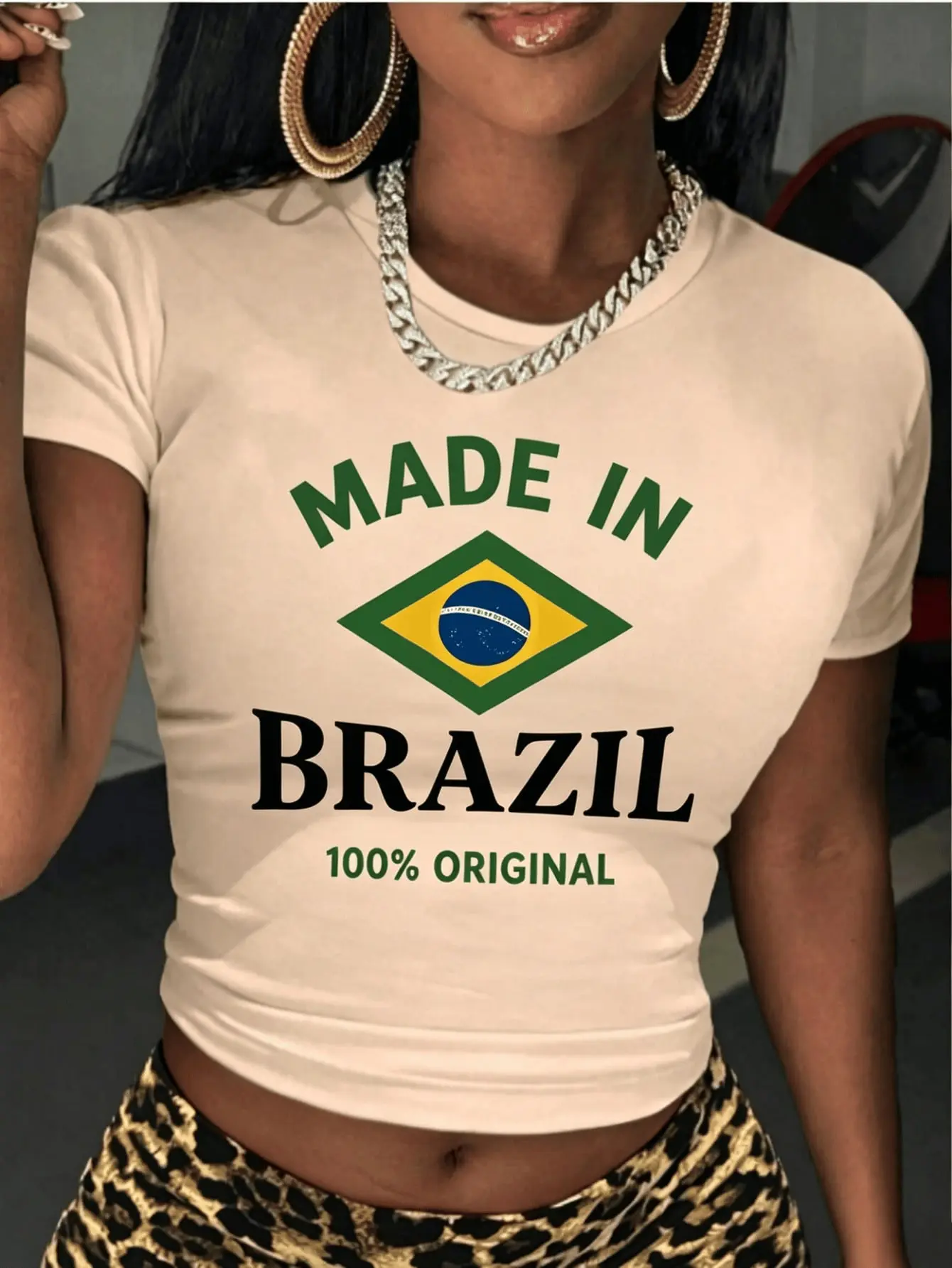 Women's Fitted Short Sleeve Tee - Brazil National Flag Graphic Print, Slim Crop Top - Seamless Fabrics, Breathable, Everyday Patriotic Brazil Culture Casual Top, Shortsleeve, Round Neck, Shirt, Soft, Vintage