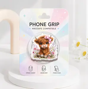 Vintage Highland Cow MagSafe Phone Grip, Floral Farmhouse Phone Holder, Cute Highland Cow Phone Accessories, Kawaii Cow Kindle Grip, Gift for Her