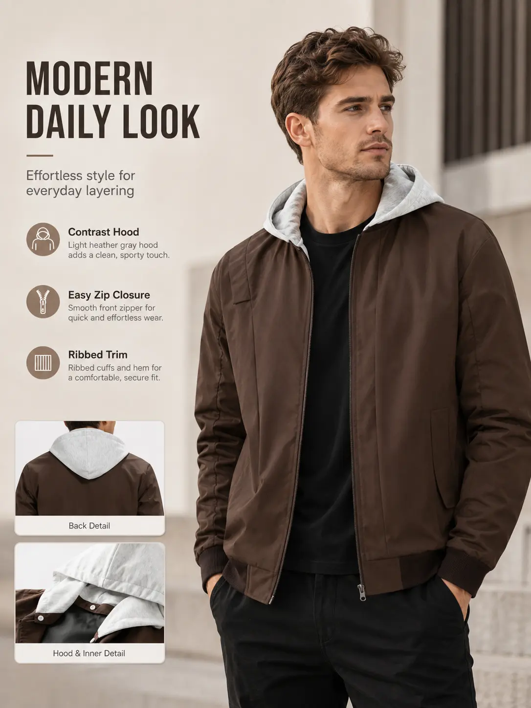 Men’s spring/autumn zip-up aviator jacket with detachable hood, lightweight windproof design, brown baseball jacket, street style, ruched long sleeves