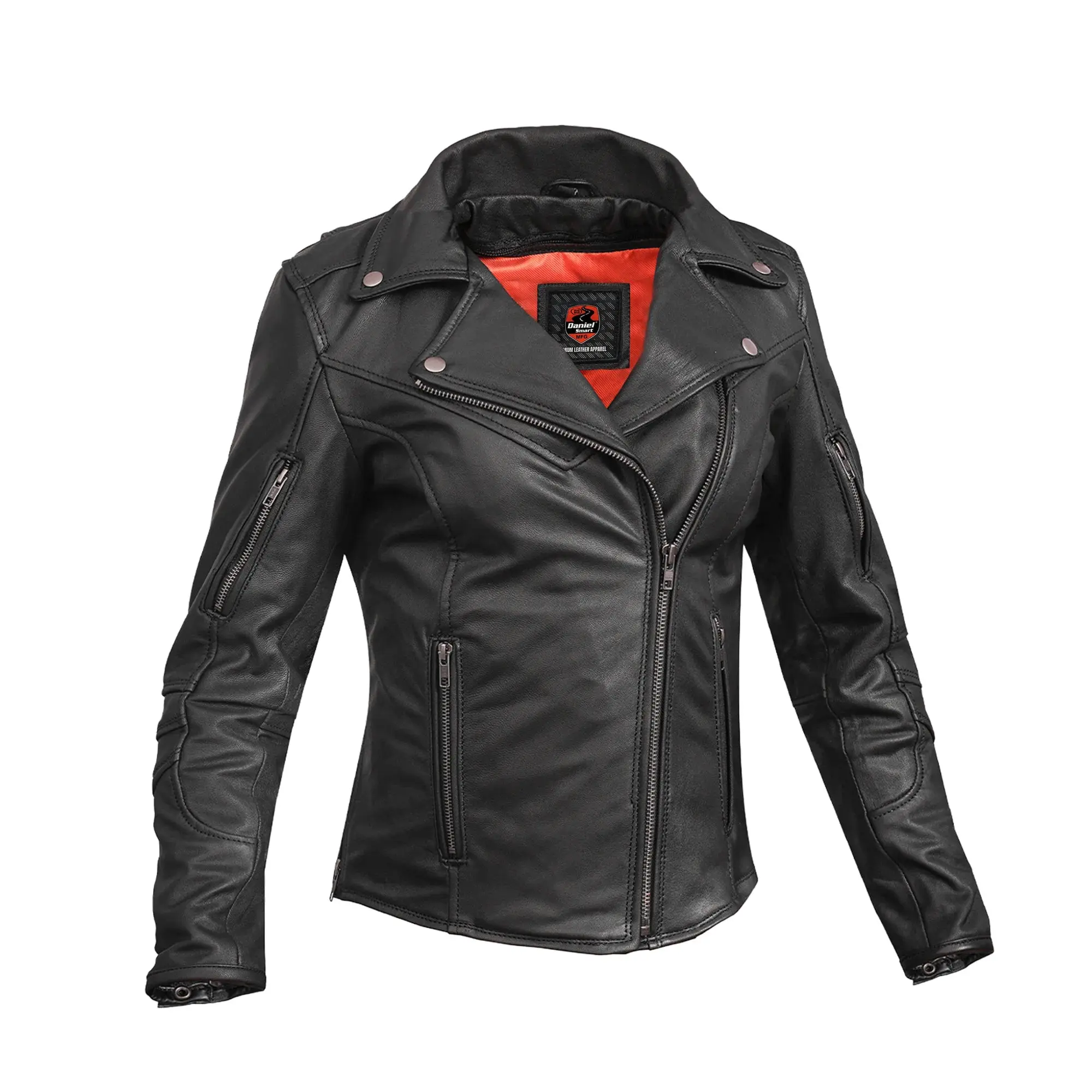 DANIEL SMART Women's Fitted Scarlet Fury Long Sleeve Goatskin Leather Jacket - Soft, Reflective, Mesh-Lined, Functional Sleeves, Zippers, Pockets, Concealed Holster, Stylish Motorcycle Coat
