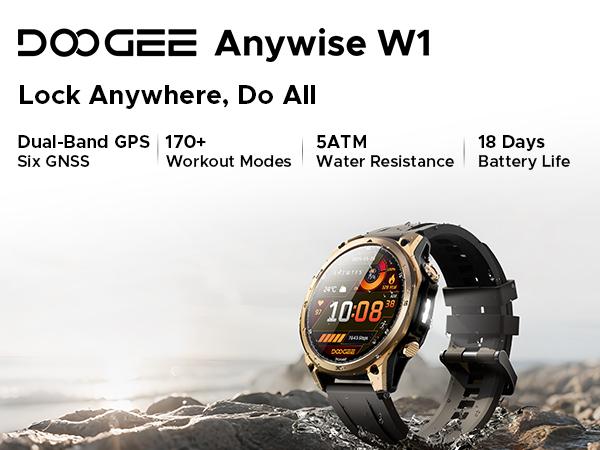 Anywise W1 AI Waterproof Sport Smartwatch, 1.43" AMOLED Touchscreen Display, Dual-Band GPS Smartwatch, 170+ Sports & Fitness Modes, 5ATM Waterproof Smartwatch