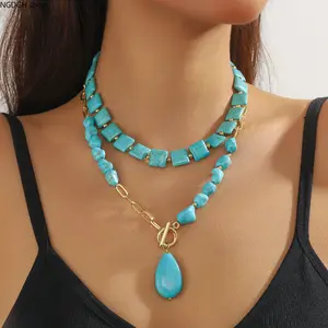 Turquoise Teardrop Pendant Necklace - Trendy Large Crackled Stone Silver Boho Western Necklace with Beaded Chain, Lightweight Adjustable Ethnic Jewelry for Women, Perfect for Summer Festival Vacation Daily Outfits & Statement Bohemian Looks