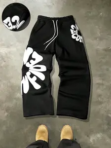 Men's 3D Puff Print Wide Leg Sweatpants, Y2K Streetwear Oversized Casual Pants, Bold Bubble Letter Print Drawstring Pants, Black Summer Outfit, For Street Style, Daily Wear, Casual, Urban Fashion #springsaledeals2026 #summeroutfits #tiktokshopmademebuyit