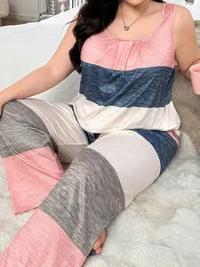 Women's Plus Size Patchwork Striped Print Casual Vest Long Pants Sleepwear Set, Super Comfortable Outer Wear Home Clothing Pajama Set Loungewear