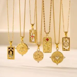 Trendy 18K Gold-Plated Pendant – A must-have retro-inspired statement piece! This hot-selling stainless steel rectangle necklace features oil-drop zirconia accents and mystical tarot-themed designs, blending vintage charm with modern edge.