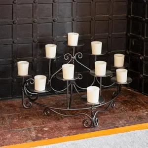 Scrolls Fireplace Candelabra for Votives, Pillars, Wax, or LED Candles - 19 Inches Width, 10 Plates, Ideal for Vintage Fireplace Ambiance