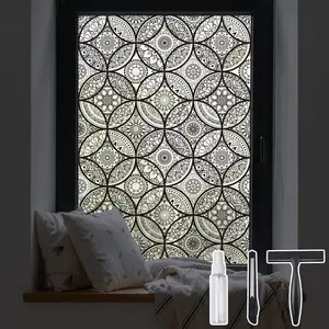 Boho Stained Glass Look Window Privacy Film with Installation Tools, Decorative Frosted Glass Window Film Static Cling No Glue Removable, Pure Black, 17.7" x 78.7"