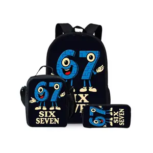 The three piece set of digital 67 cartoon printed School Backpack includes lunch bag and pencil case Backpack for school
