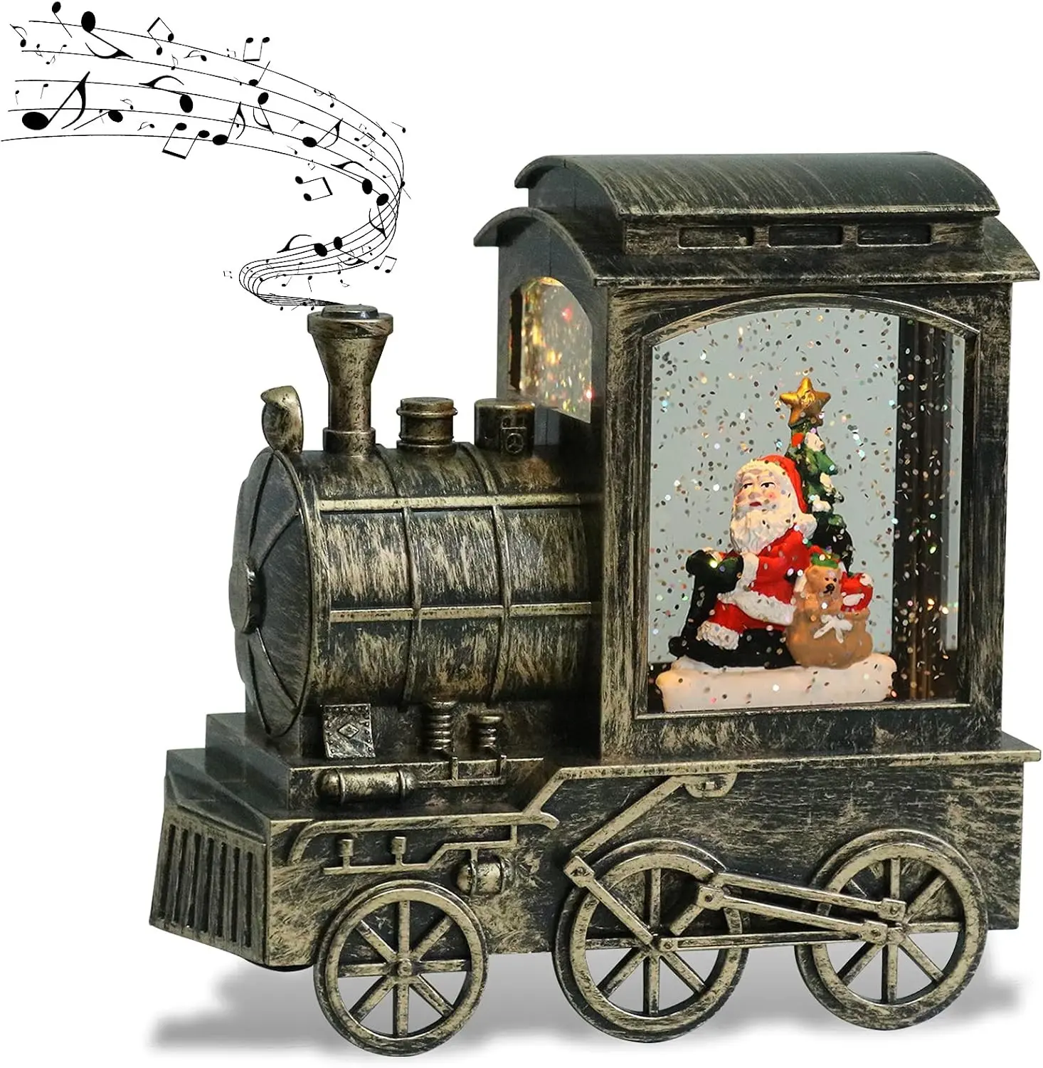 Music Snow Globe Train Lantern with Music and Timer, Battery Operated and USB Cable Santa Lighted Snow Globe Spinning Water Glitter (Bronze, USB Included)