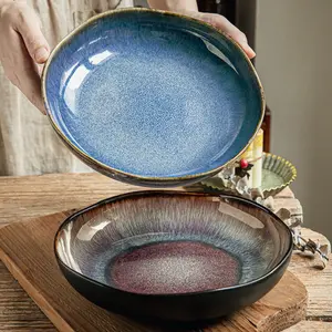 Handmade 9 Inch Vintage Ceramic Salad Bowl, Unique Irregular Deep Design, Blue Gradient Glossy Glaze, Home Dining and Servingware, Salad Serving Bowls
