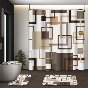 Geometric Brown Shower Curtain Set with Toilet Lid Cover and Non-Slip Rugs, Abstract Square 4 count Shower Curtain for Bathroom, Modern Simple Line Bathroom Decor