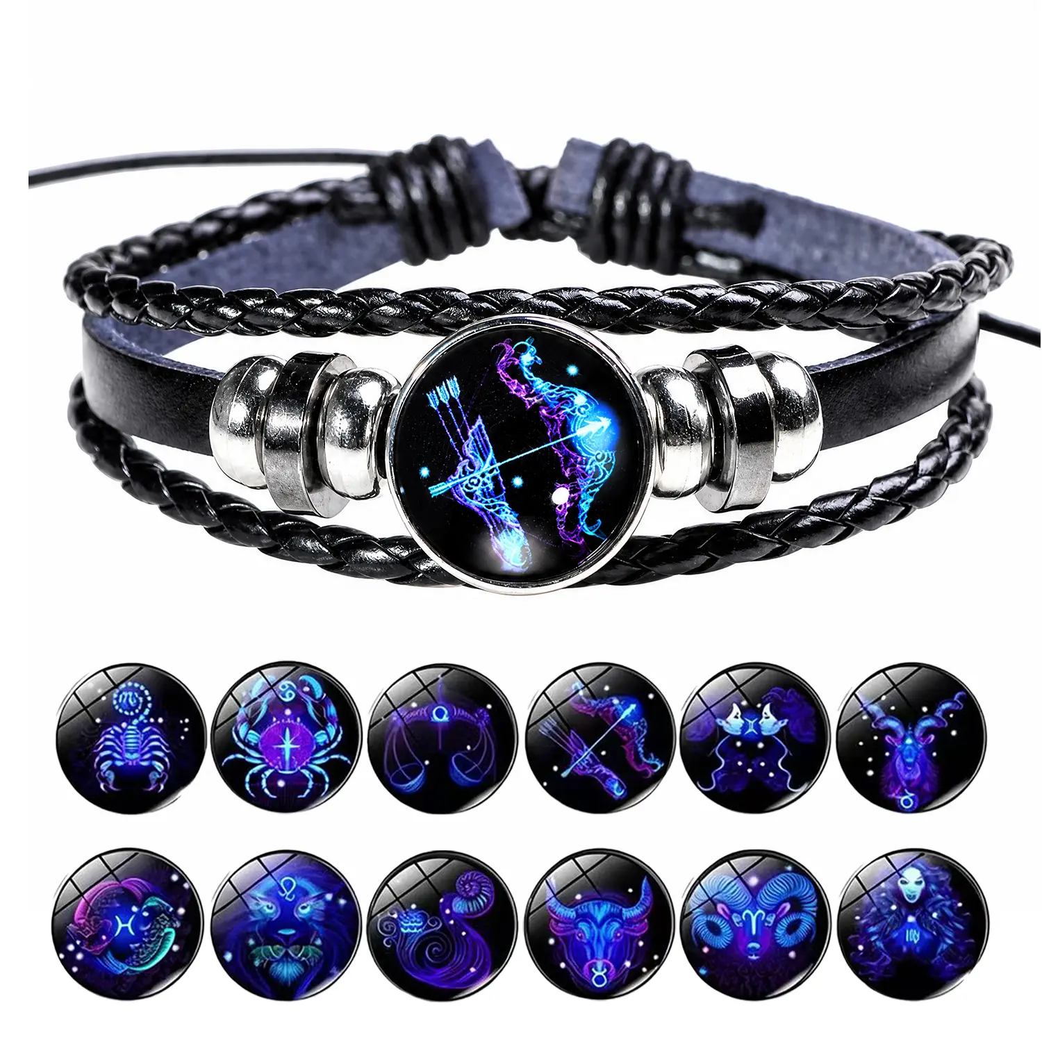 Zodiac Energy Bracelet Adjustable 12 Zodiac Signs Bracelet Multi Layer Black Leather Wrap Bracelet Christmas Birthday Jewelry Gift for Men Women