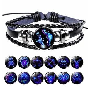 Zodiac Energy Bracelet Adjustable 12 Zodiac Signs Bracelet Multi Layer Black Leather Wrap Bracelet Christmas Birthday Jewelry Gift for Men Women
