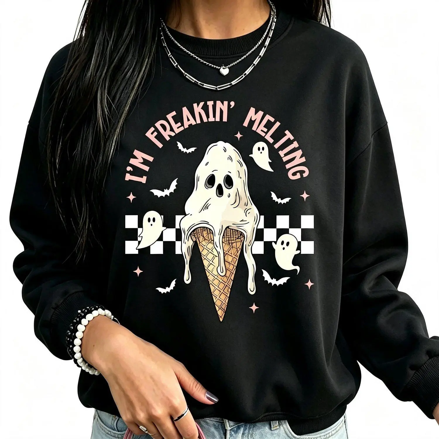Im Freakin Melting Retro Skull Ghost Crew neck sweatshirt Trend Halloween Gothic vintage graphic pullover unisex casual streetwear spooky