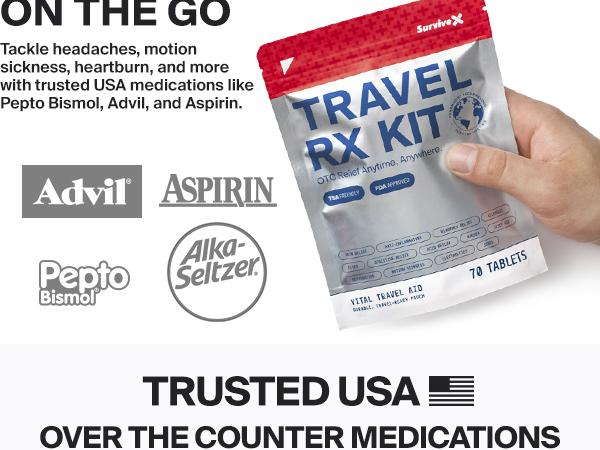 SURVIVEX Travel Medicine Kit - Compact TSA-Approved Medication Pack for Travel, Camping, Cruises - Includes Over-The-Counter Individual Medicine Packets