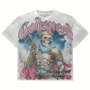100% Cotton Y2K Gothic T-Shirt - Godspeed Skeleton King & Pink Roses Streetwear Tee with Blue Scarf Crowned Skeleton, Sword & "The King Is Still The King" Slogan