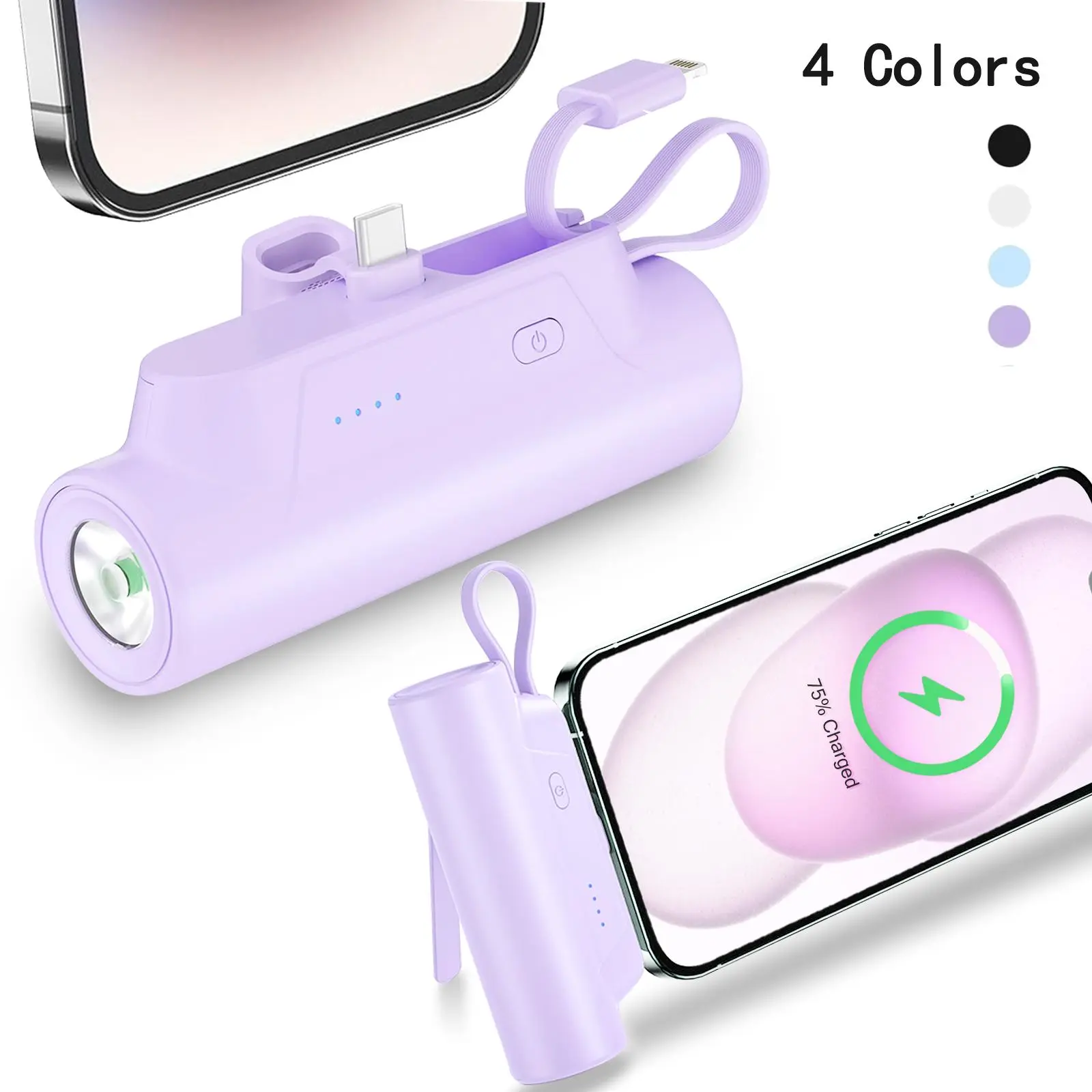 Hcelet 5000mAh Mini Ultra-Compact Portable Power Bank Charger, 22.5W Fast Charging Accessory for Smartphones & Devices with Built-in USB Cable, Adjustable Stand, Flashlight