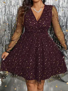 Plus Size Women's Deep V Mesh Sleeve Sequin Star Print Sexy Formal Party Evening A-Line Dress, Slim-Fitting Patchwork Galaxy Pattern, Elegant Party Dress
