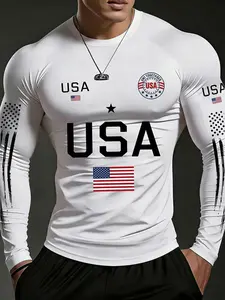Men's Usa Flag Letter Print Fitted Long Sleeve T-Shirt, High Stretch Quick-Dry Fitness Training Top, Patriotic American Sports Shirt, Athletic Tops, Fitness Shirts