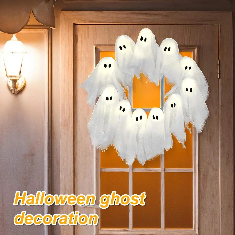 Halloween Ghost Wreath with Lights - Cute Spooky Garland Hanging Decor for Door Party & Outdoor 32x32x5cm White 11 Little Ghosts