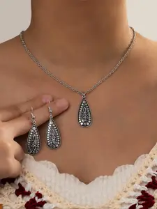 Fashion Vintage Teardrop Pattern Pendant Necklace and Earrings Set, Stylish Geometric Jewelry for Everyday Wear, Women's Versatile Accessories