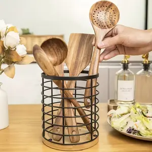 1pc Modern Kitchen Countertop Utensil Holder, Large Round Wooden Spoon and Scraper Organizer with Metal Frame, Home Storage Box Basket Container