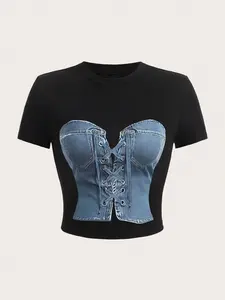 Summer New Y2K Sexy Punk Style Short Slim Fit Waist Cinching Short Sleeve Round Neck T-Shirt, Fashion Versatile Trendy for Teen Girls