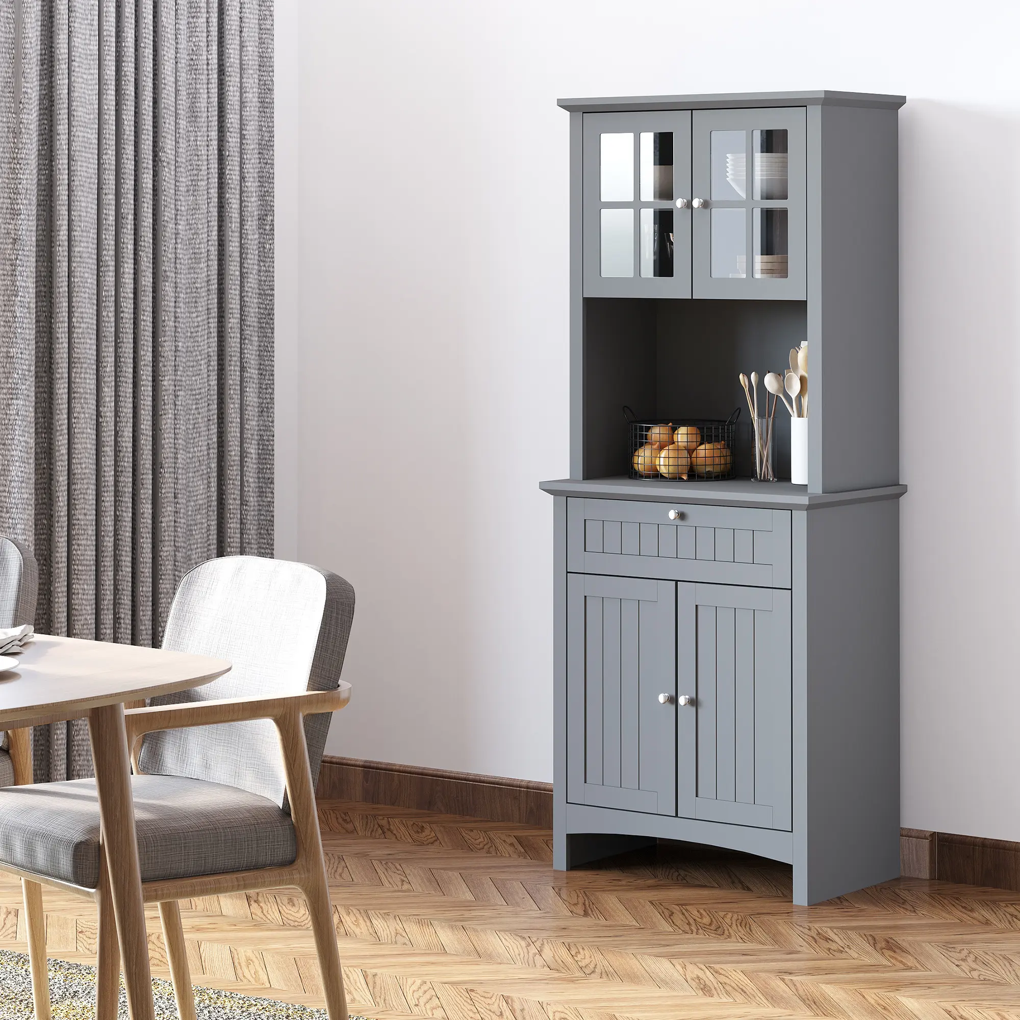 Gray Elegant Buffet with Hutch Kitchen Pantry Storage Cabinet Framed Glass Door Drawer Microwave Space 64.5 Inch Tall for Dining Room Living Room Coffee Bar
