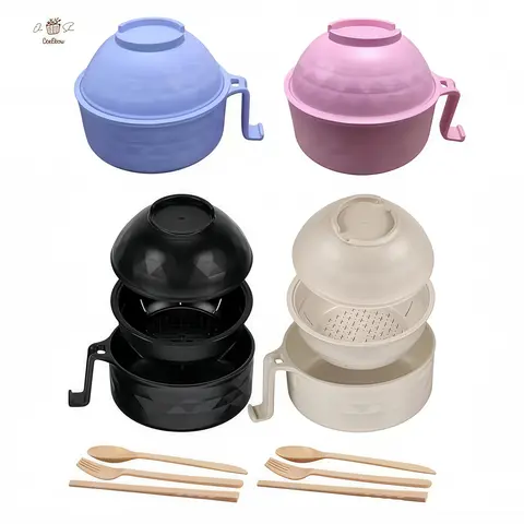 ONESHOW 1/2 Pack Eco-Friendly Ramen Bowl Set with Cutlery - Lightweight, Sturdy, Ergonomic, Colorful Tableware, 6.9" Chopstick Fit, Bamboo Cover, Fork, Spoon, Dishwasher Safe Draining Bowl for Adults, Camping, Casual Indoor/Office Use