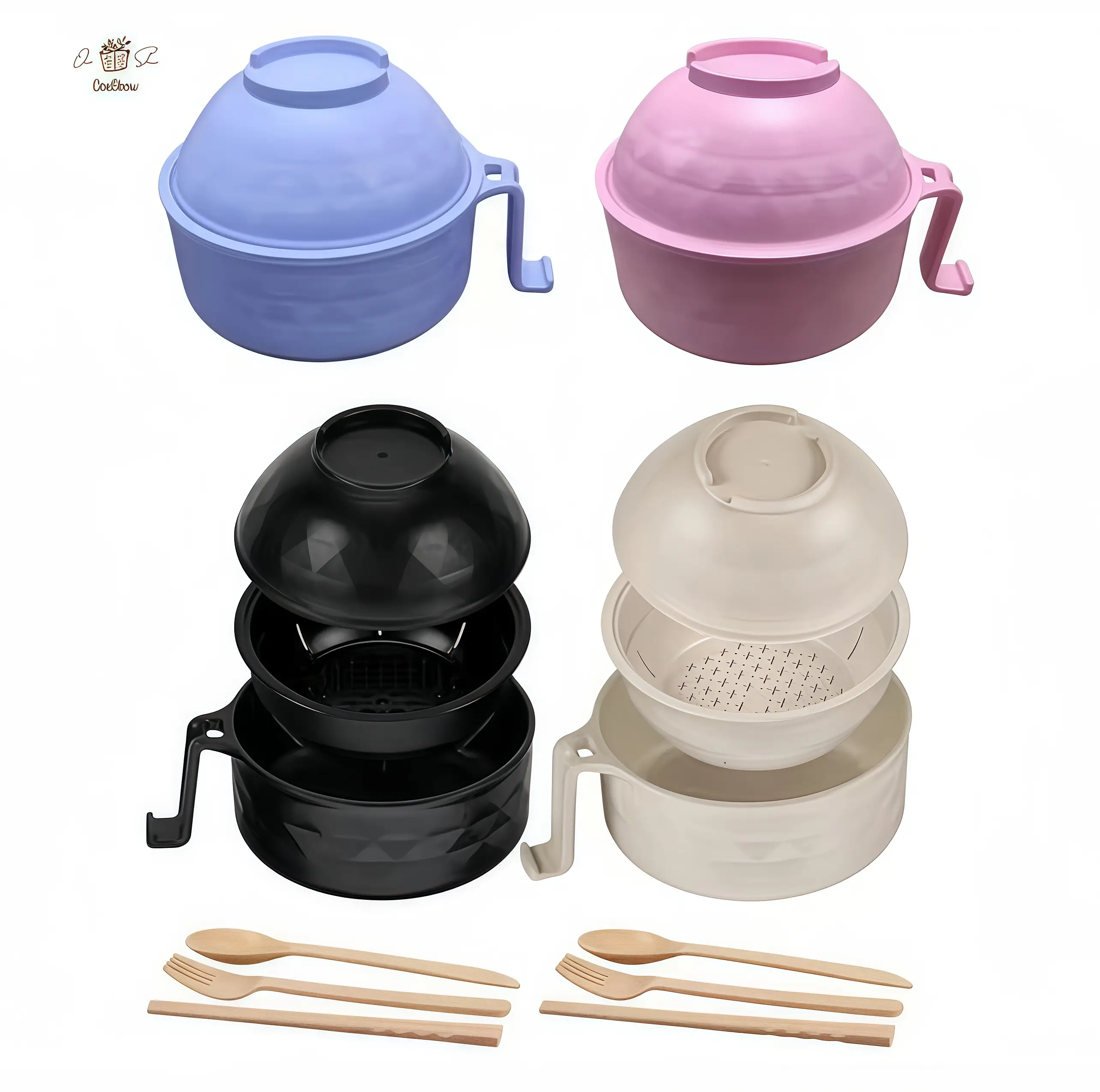 ONESHOW Bamboo Ramen Bowl Set with Cutlery - Eco-Friendly & Versatile Tableware for Home & Camping - Colorful, Sturdy, Ergonomic Design with Chopstick