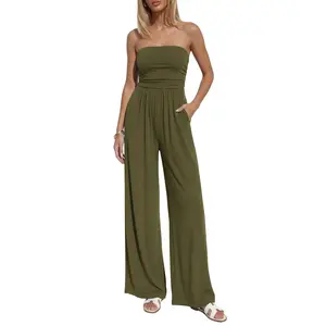 BTFBM Jumpsuits For Women Summer 2026 Beach Vacation Strapless Tube Top Jumpsuit Ruched Casual Wide Leg Pant RompersRAIMENTRY