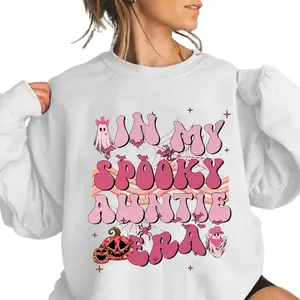 In My Spooky Auntie Era Sweatshirt, Cute Halloween Sweater For Women, Pink Ghost And Spider Web Graphic, Fall Aesthetic Auntie Shirt, Fun Spooky Season Crewneck