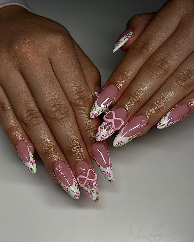 AngieNails – Cherry French Tip Press On Nails – 3D Pink Bow & Red Fruit Nail Art | Handmade Cute Summer Almond Nails for Her – AN294