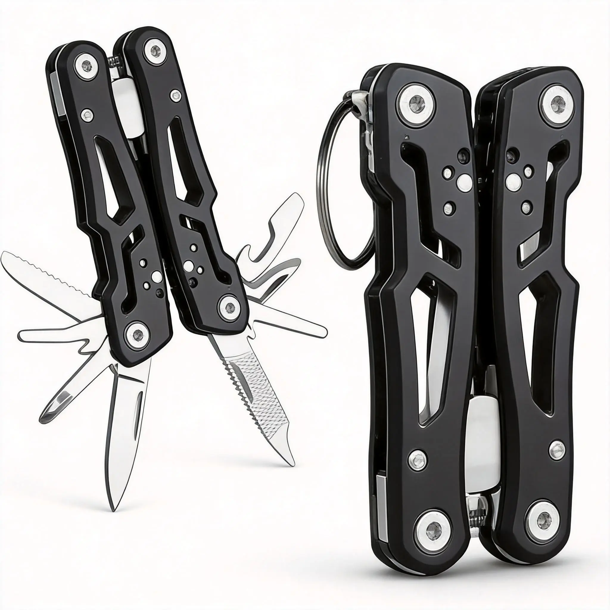 Matte Black EDC402 1×14-in-1 Stainless Steel Foldable Multi-Tool, Aluminium Anti-Slip Pocket Pliers Knife Keychain for Camping, Household Repair