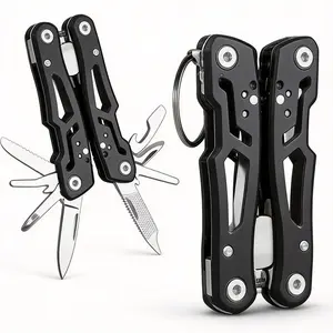 Matte Black EDC402 1×14-in-1 Stainless Steel Foldable Multi-Tool, Aluminium Anti-Slip Pocket Pliers Knife Keychain for Camping, Household Repair