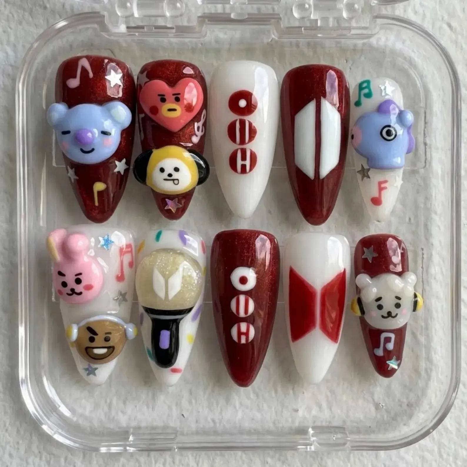 Orta Xing Kawaii Idol Fan Press On Nails | Cute Character Charms, Music Note Design, Red White Stage Inspired Handmade Nails