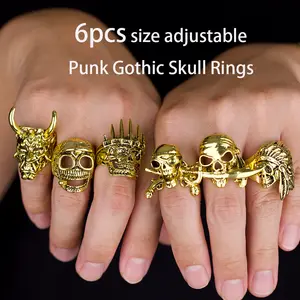 6pcs Adjustable Punk Gothic Skull Rings Set, Golden Tone Statement Jewelry for Men Women Halloween Party Cosplay