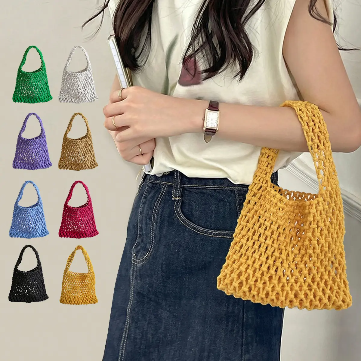 Women's Boho Hollow-Weave Crochet Clutch - Mesh, Lightweight Small Top-Handle Handbag, Affordable Fashion Accessory, Ideal for Beach Trips, Bag Obsessed Accessory Goals Pick, Fashionable Bags, Casual, Crochet Yarn Women's Handbags, Hippie Women's Handbags