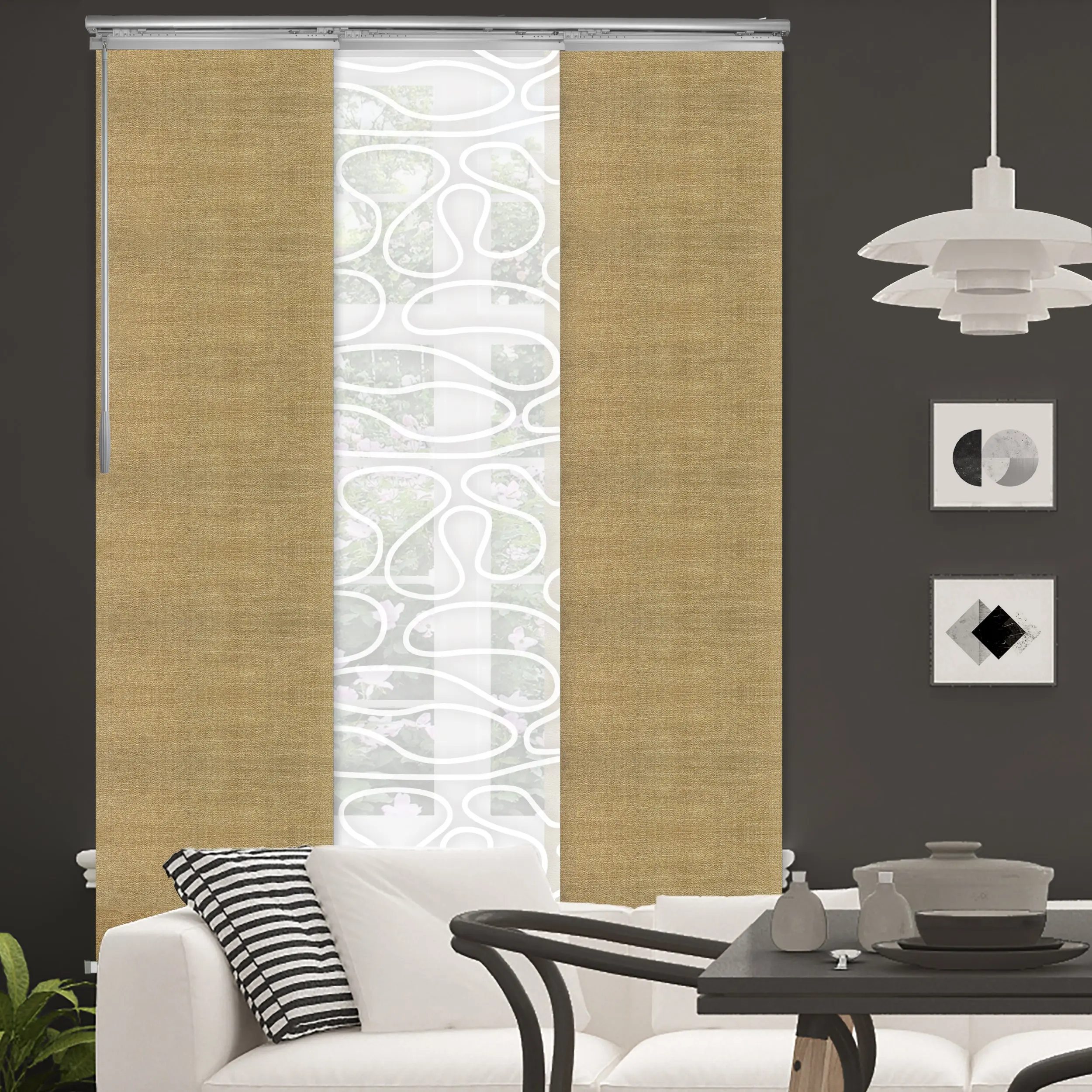 3-Panel Single Rail Panel Track Blind Extendable 36"-66"W x 91.4"H, Panel width 23.5", Whirl White, Canary