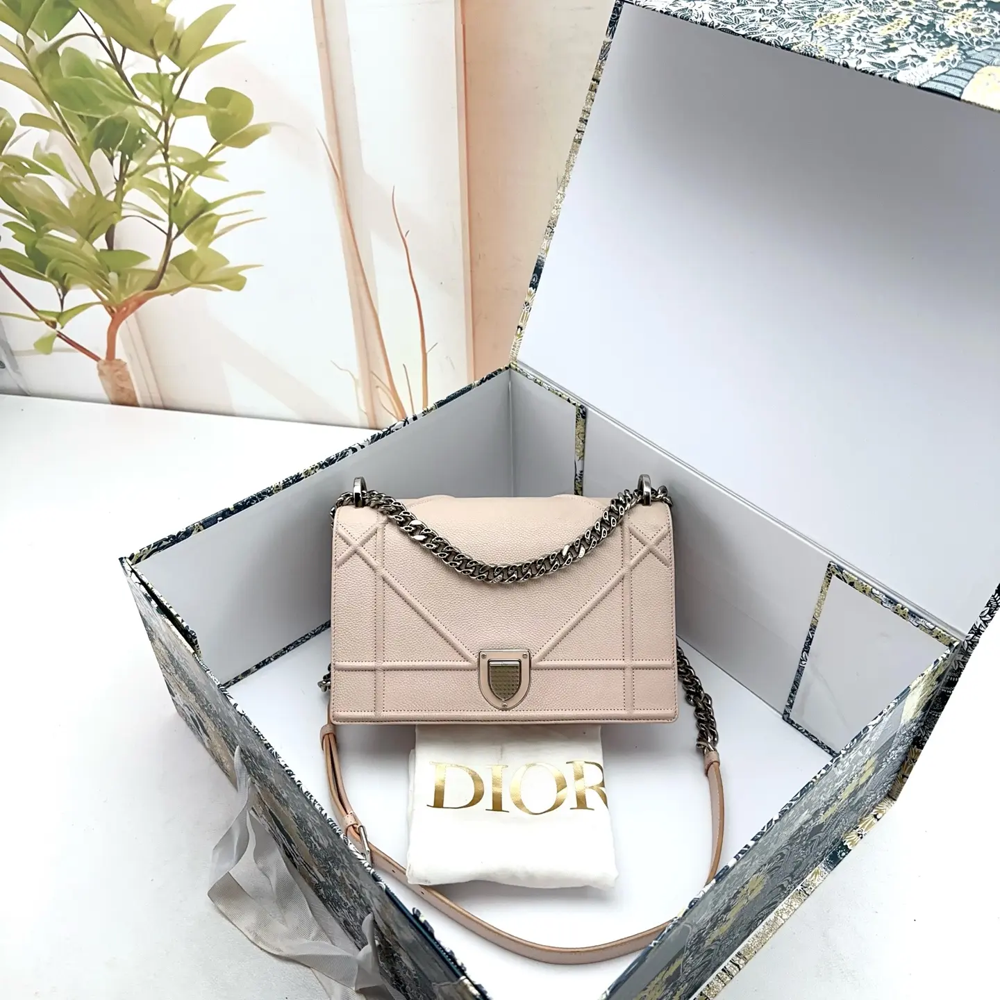 Pre-owned Dior Nude Grained Leather Diorama Flap Chain Shoulder Bag 0731 raye 23154691
