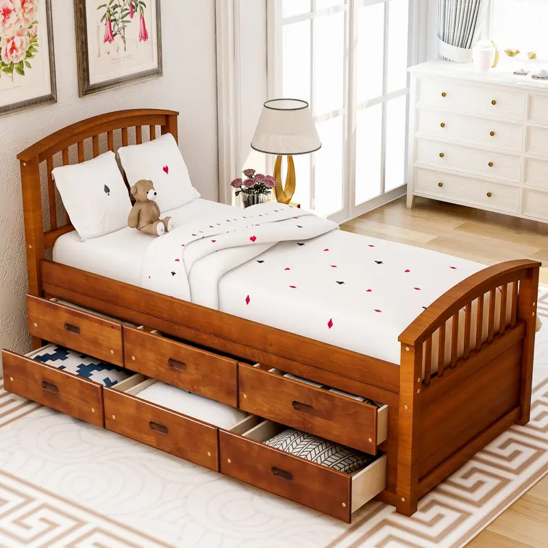 Twin Storage Bed Captains Bed Solid Wood Platform Bed Frame with 6 Drawers, Headboard and Footboard, No Box Spring Needed