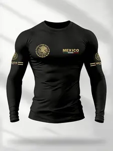 Men's Fashion Spring Fall Thin Fitted Round Neck Long Sleeve T-Shirt, Mexican Emblem Flag Print Cultural Casual Pullover, Outdoor Daily Wear