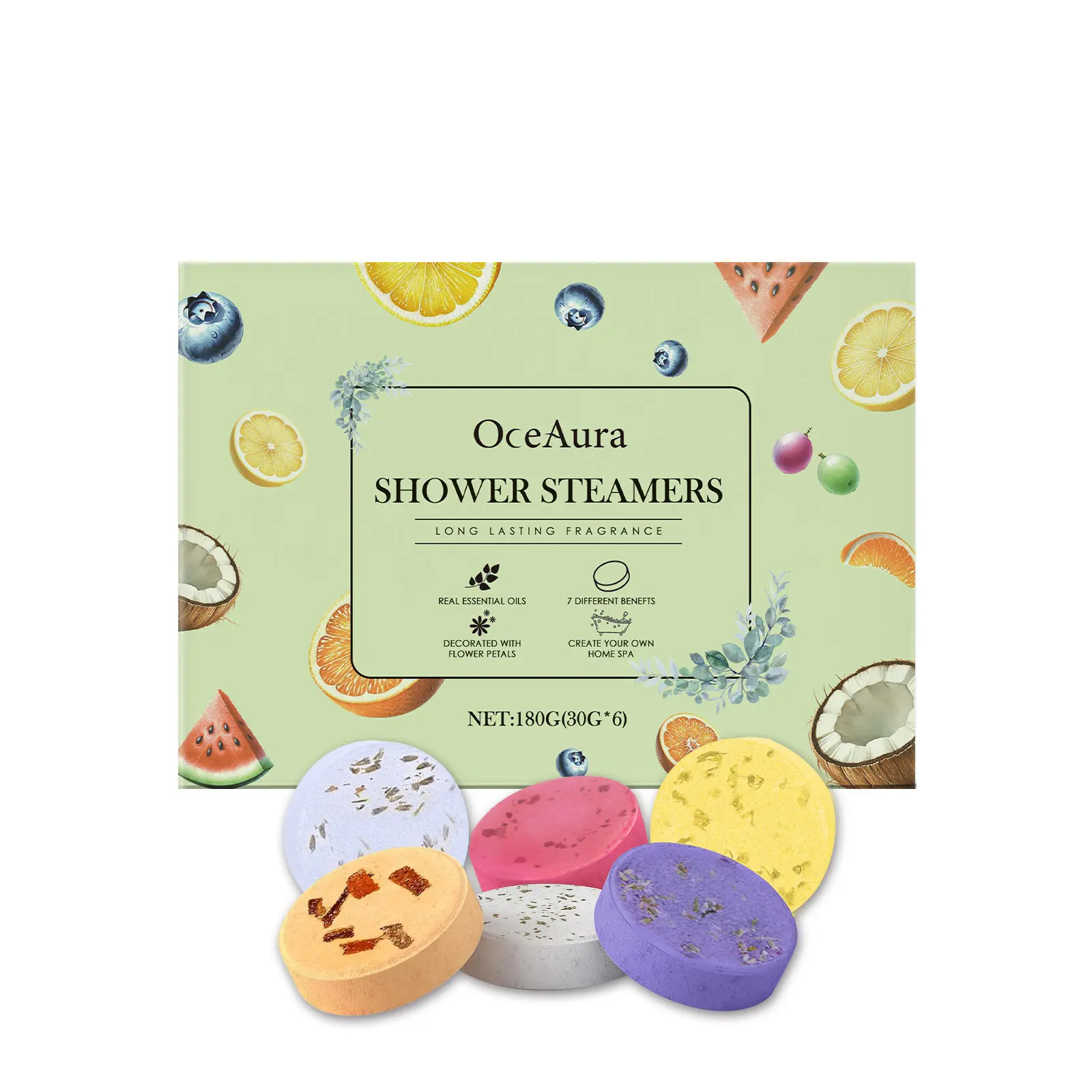 Shower Steamers Aromatherapy Tablets 6 Fragrances Set Blueberry Sweet Orange Watermelon Coconut Grape Lemon Essential Oil Spa Relaxation Shower Bombs
